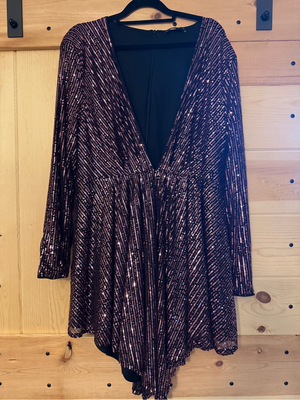 Double Crazy Sequin Deep V Long Sleeve Skater Dress in Rose Gold